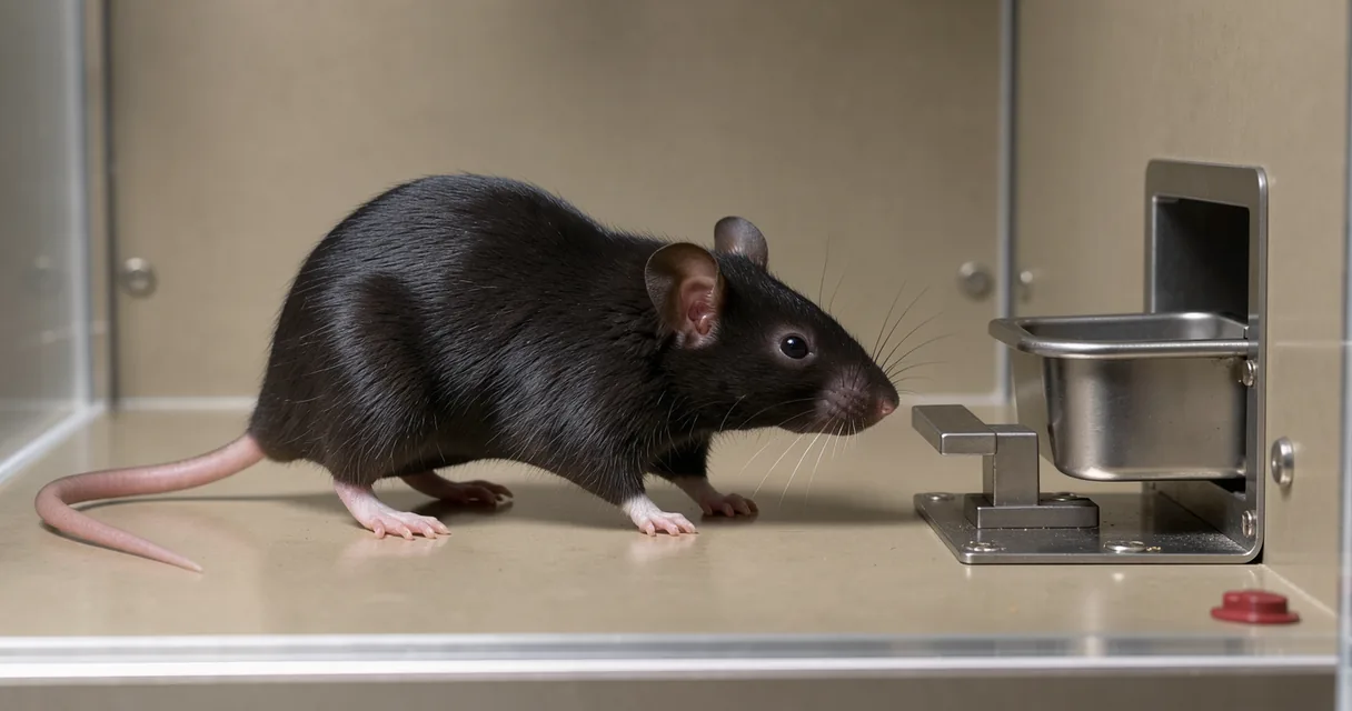 A black laboratory mouse beside a food hopper and response lever inside an observation chamber