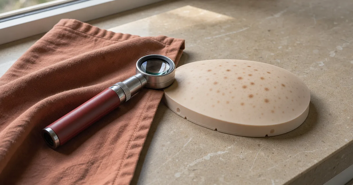 A dermatoscope resting beside a freckled silicone skin model on a warm stone examination surface