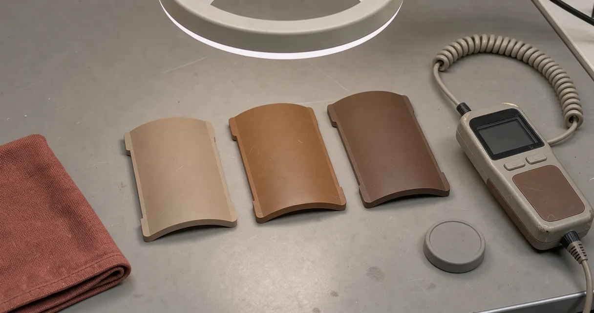 Curved pigment-coloured sample tiles under a diffuse measuring lamp beside a handheld colourimeter